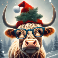 Cute Highland Cow With Glasses And Santa Hat. Christmas Animal Illustration 