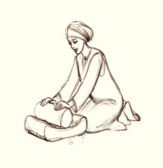 Pencil drawing. Woman working with a millstone