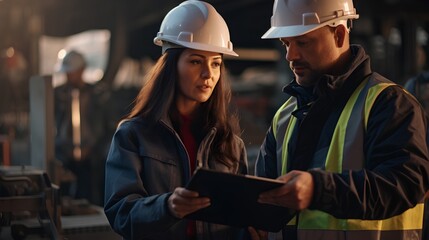 Confident woman engineer giving instructions to male worker on construction site. Strong female leader with STEM education, breaking barriers in the maledominated engineering field. - obrazy, fototapety, plakaty