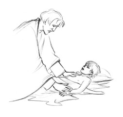 Pencil drawing. Healing the widow's son