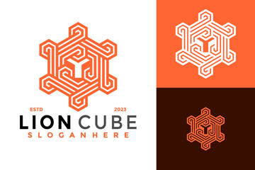 Lion Cube Hexagon Modern Logo design vector symbol icon illustration