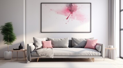 Fototapeta na wymiar Modern living room sofa with gray and pink pillows - generative ai