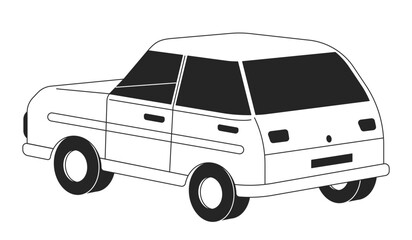 Rear view car retro black and white 2D line cartoon object. Rearview motor vehicle isolated vector outline item. Nostalgic auto transport. Vintage automobile monochromatic flat spot illustration