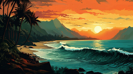 A painting of a sunset over the Hawaii beach in the style of vibrant postmodernism, Generative AI