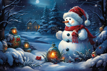 Christmas snowman outdoors at night