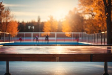 Empty wooden table top with ice rink where hockey match is taking place in background with bokeh autumn sunlight. Generative AI.