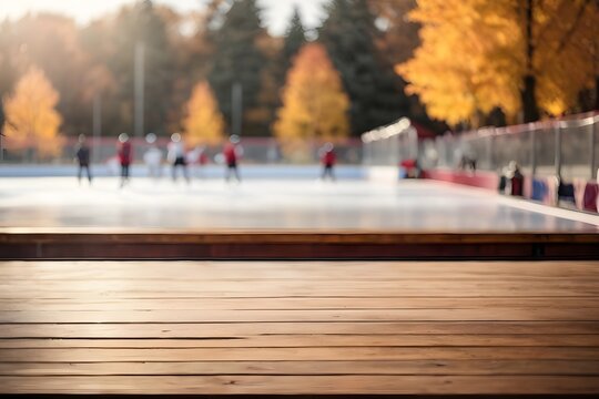 Empty wooden table top with ice rink where hockey match is taking place in background with bokeh autumn sunlight. Generative AI.