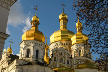 Fototapeta na wymiar The restored Holy Dormition Cathedral, the main Cathedral temple of Kyiv Pechersk Lavra in Kyiv, Ukraine, October 23, 2023
