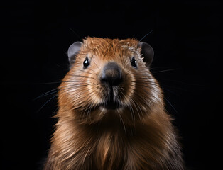 Portrait eines Bibers vor schwarzem Hintergrund, erstellt mit generativer KI