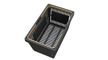 Plastic bag shopping basket with gold handles. Isolated supermarket shopping cart. 3d rendering