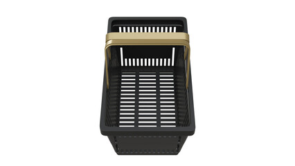 Plastic bag shopping basket with gold handles. Isolated supermarket shopping cart. 3d rendering