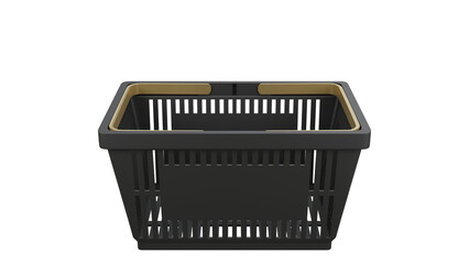 Plastic bag shopping basket with gold handles. Isolated supermarket shopping cart. 3d rendering