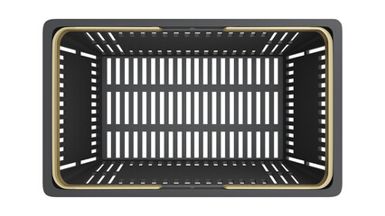 Plastic bag shopping basket with gold handles. Isolated supermarket shopping cart.