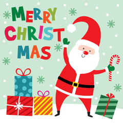 Cute Santa Claus with Christmas gifts and candy cane