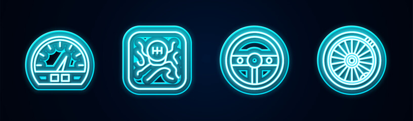 Set line Speedometer, Gear shifter, Steering wheel and Car. Glowing neon icon. Vector