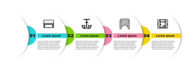 Set line Grand piano, Chandelier, Chair and Window with curtains. Business infographic template. Vector