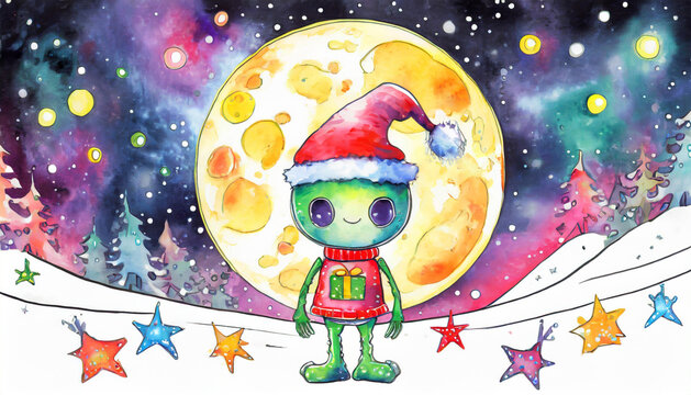 Watercolor illustration of a green alien wearing a Santa Claus hat on the background of the full moon