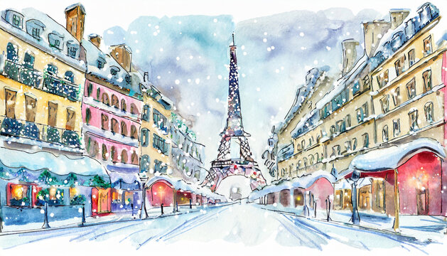 Watercolor hand drawn illustration Christmas in Paris with snowflakes