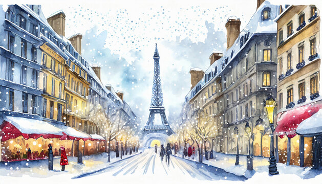 Watercolor hand drawn illustration Christmas in Paris with snowflakes