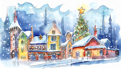 Watercolor hand drawn classic cities with Christmas decoration and snowflakes