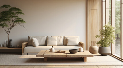 Asian Minimalism home interior living room, Inspired by Japanese aesthetics, it emphasizes simplicity, clean lines, low furniture, and natural materials