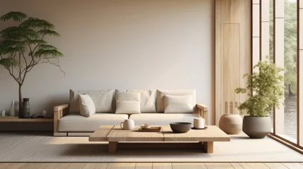 Deurstickers Asian Minimalism home interior living room, Inspired by Japanese aesthetics, it emphasizes simplicity, clean lines, low furniture, and natural materials © Erich