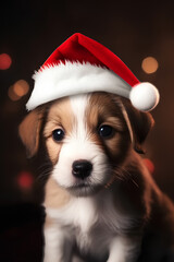 Portrait of cute red puppy in Santa Claus Christmas red hat on dark background with bokeh