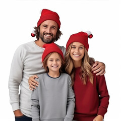 Christmas Holidays. Family In Santa Hats Standing And Smiling On White Background