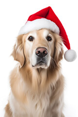 Portrait of golden retriever dog in Santa Claus Christmas red hat on white background