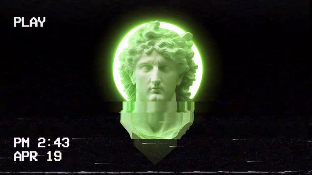 Fake VHS tape with distortion and hue shift: the head of an ancient greek statue representing a fierce man with long curly hair, over an illuiminated round sphere behind it. Vaporwave vibes.
