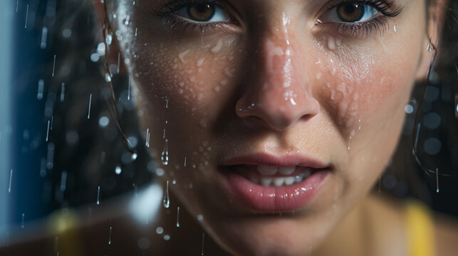 exercise, gym, sweat, sweating, drenched, drenched in sweat, water, face, woman, eyes, people, closeup, expression, close up, lips, smile, model, eye, serious, mouth, look