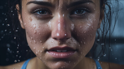 exercise, gym, sweat, sweating, drenched, drenched in sweat, water, face, woman, eyes, people, closeup, expression, close up, lips, smile, model, eye, serious, mouth, look - obrazy, fototapety, plakaty