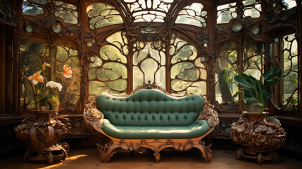 Art Nouveau home interior Living room, Marked by flowing lines, organic shapes, and ornate detailing, often seen in decorative arts, architecture, and furniture from the late 19th century