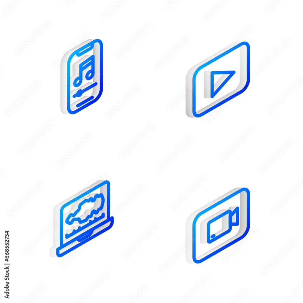 Wall mural Set Isometric line Play button, Music player, Sound or audio recorder and video icon. Vector