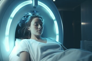 Female patient undergoing MRI - Magnetic resonance imaging in Hospital. - obrazy, fototapety, plakaty
