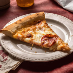 A slice of pizza on a paper plate with a napkin
