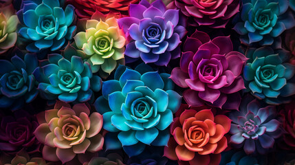 Beautiful view of rainbow succulents from above, for wallpaper use