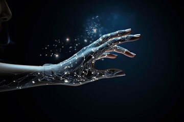Robot and artificial intelligence conquering the world. Robot hand reading a large amount of data.