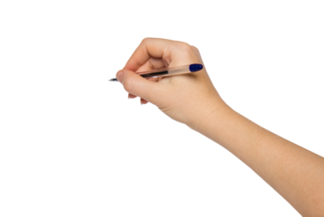 Hand with pen writing in PNG isolated on transparent background