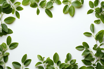 frame with scattered green fresh leaves isolated on white background. eco concept. top view. flat lay