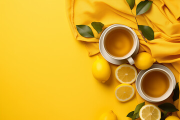 lemon tea in a large cup on a yellow background with a yellow blanket and lemons. copy space. top view. flat lay.	 - obrazy, fototapety, plakaty