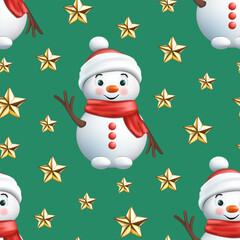 Seamless pattern of realistic 3d cartoon Christmas snowman with scarf, hat, wooden hands and golden star. Cute Happy New Year vector illustration for greeting card, wallpaper, wrapping paper, fabric