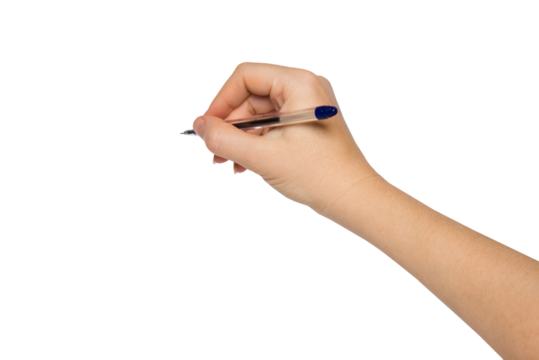 Hand with pen writing in PNG isolated on transparent background