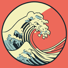 Illustration of a stormy ocean wave in circle on orange background