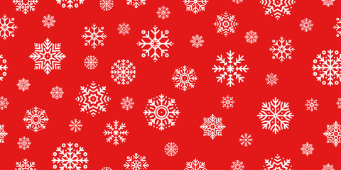 Seamless Christmas pattern with white snowflakes on red background. Winter decoration. Happy new year, cold season snowfall. Vector illustration