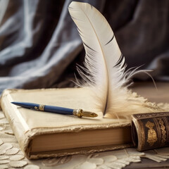 A classic book and a feather quill on an beige table
