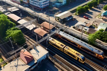 Fototapeta na wymiar aerial view of modern train station busy city