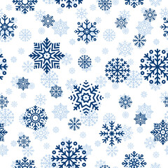 Seamless Christmas pattern with blue snowflakes on white background. Winter decoration. Happy new year, cold season snowfall. Vector illustration