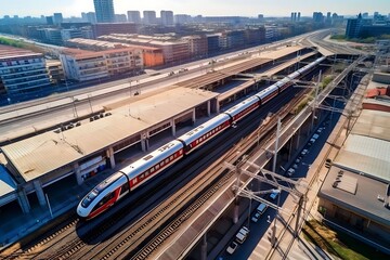 aerial view of modern train station busy city