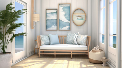 Coastal or Nautical home interior vestibule, Drawing inspiration from the sea, featuring light and breezy colors, beachy decor, and maritime motifs